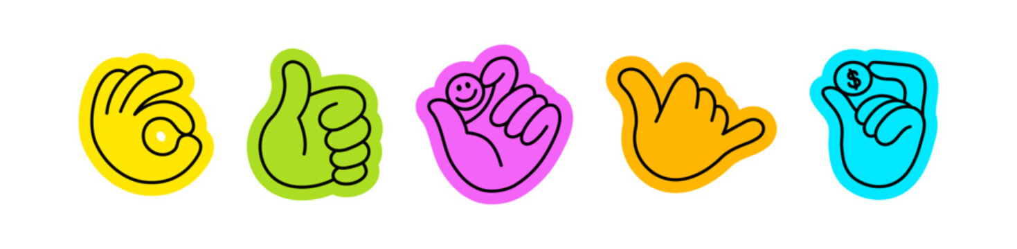 Vector set of icons and simple linear illustrations, hands and gestures, poster, logo, print design templates, hand drawn hands in minimal modern art style, stickers and patches