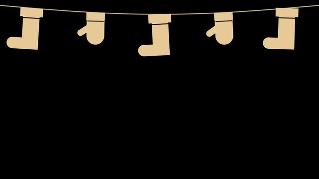 Christmas stockings and mittens hanging on a rope swaying gently, gold Christmas transparent overlay, seamless loop animation