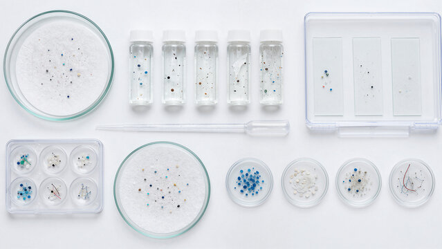 Various samples of microplastics collected for analysis in a scientific lab setting used for research and study of environmental pollution and its effects on nature and health