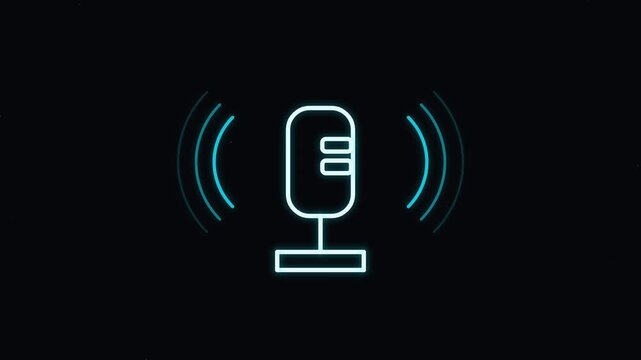 Neon Blue Studio Microphone Icon with Glowing Audio Waves