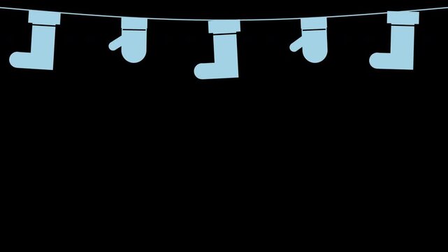 Christmas stockings and mittens hanging on a rope swaying gently, ice blue Christmas transparent overlay, seamless loop animation
