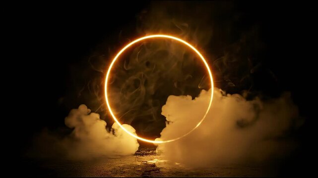 Glowing golden ring of light with swirling smoke and reflections on a dark textured surface 4k video