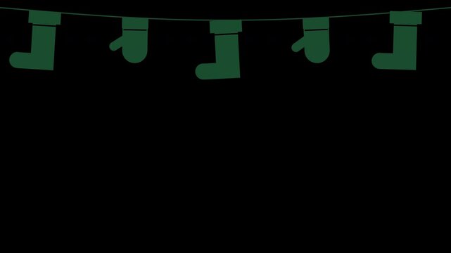 Christmas stockings and mittens hanging on a rope swaying gently, green Christmas transparent overlay, seamless loop animation