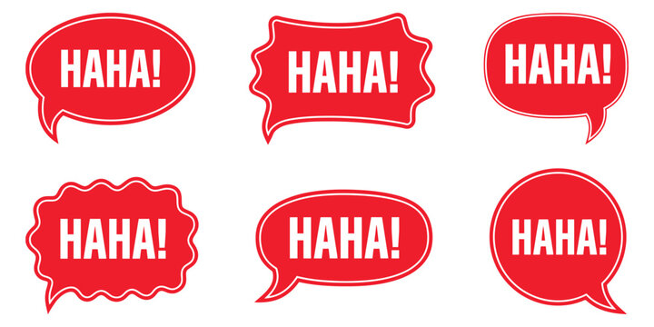 Red haha comic speech bubble set vector featuring funny laughter chat balloons in pop art style for messaging, social media, and humorous graphic designs.