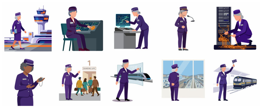 Senior Female Professional in Transportation and Logistics Uniform Illustration Set