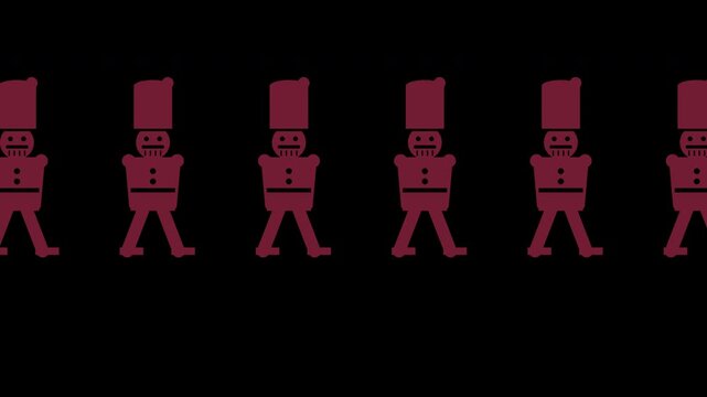 Nutcracker toy soldiers marching in a row, vintage holiday style, burgundy Christmas transparent overlay, seamless loop animation