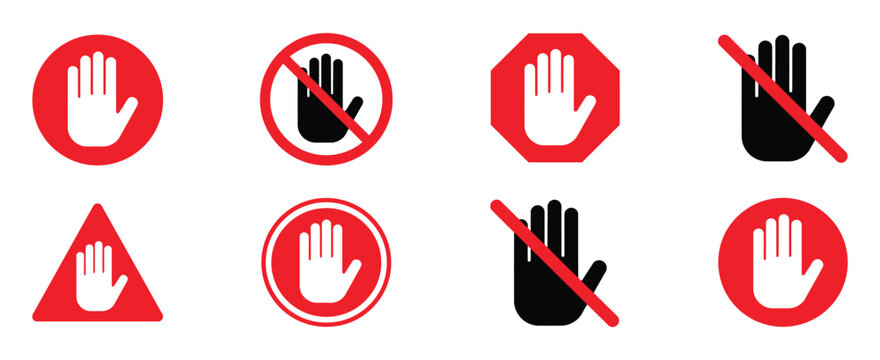 Red forbidden signs vector featuring don&rsquo;t touch icons, no entry hand labels, and prohibited symbols for safety signage, restricted areas, and warning designs.