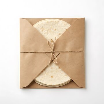 Round green tortilla bread wrapped in brown paper with natural twine string. Traditional tortilla packaging