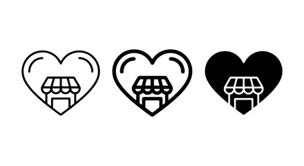 Obraz premium Heart Shaped Storefront Icons, Love Local Business Vector Set, Small Shop Symbol Collection