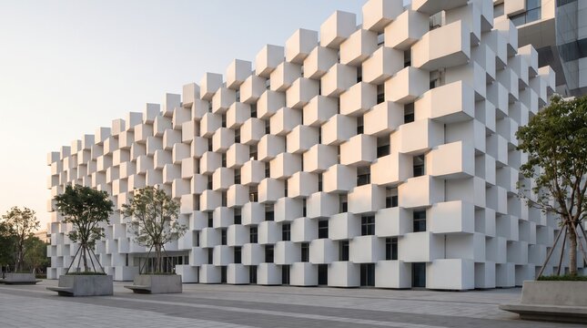 Modern facade built from repeating white geometric cubes with soft sunlight and clean minimal composition, futuristic architectural concept.

