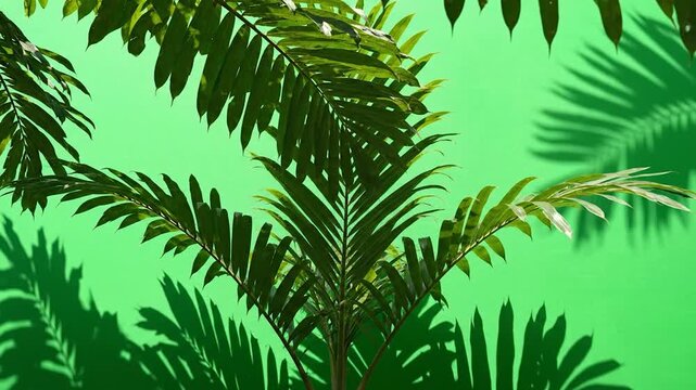 Green palm leaves casting shadows on a bright green wall