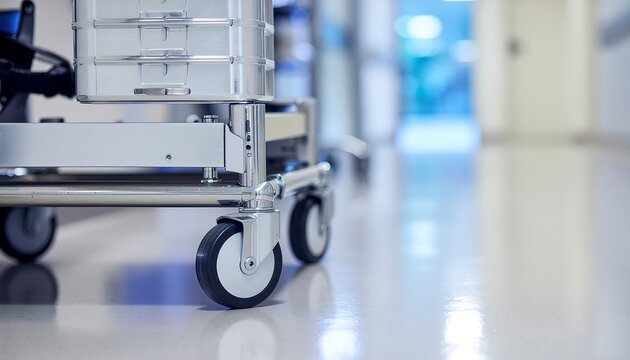 Empty hospital gurney in bright corridor with reflective floor