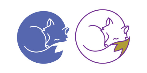 Obraz premium Stylized sleeping fox illustration inside circle outline in flat blue and purple color scheme set.