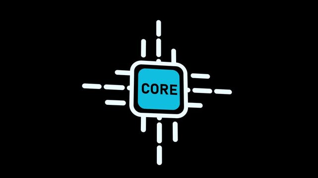 Stylized computer processor chip with the word CORE in a blue square on a black background core central processing unit