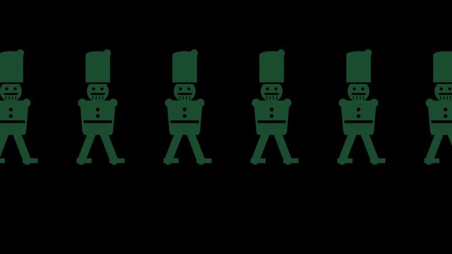 Nutcracker toy soldiers marching in a row, vintage holiday style, green Christmas transparent overlay, seamless loop animation