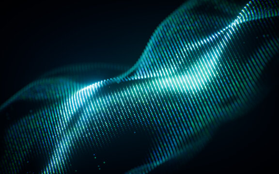 Flowing blue wave particles background, 3d rendering.