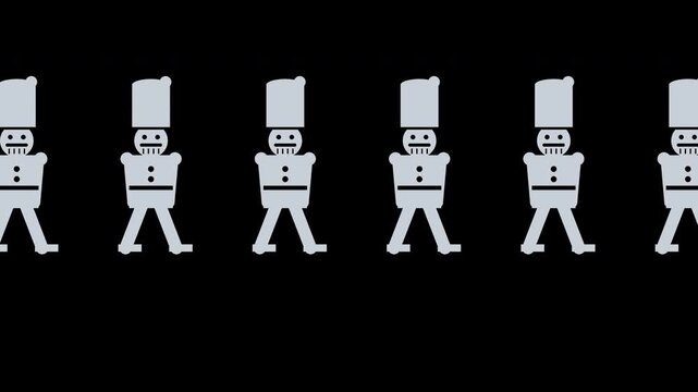 Nutcracker toy soldiers marching in a row, vintage holiday style, silver Christmas transparent overlay, seamless loop animation