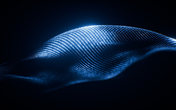 Flowing blue wave particles background, 3d rendering.