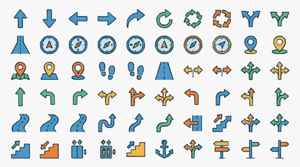 Naklejka premium Modern Colorful Icons Set of Directional Arrows Navigation Symbols Compass Location Markers and Road Signs for UI UX Design