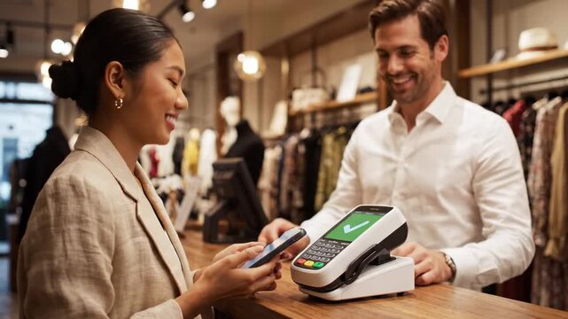 woman making contactless payment with credit card at retail store checkout, customer paying with electronic transaction, friendly cashier assisting