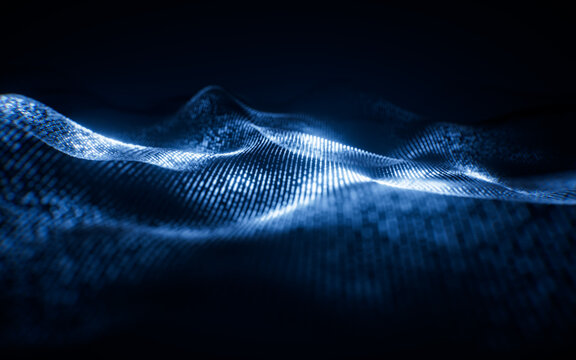 Flowing blue wave particles background, 3d rendering.