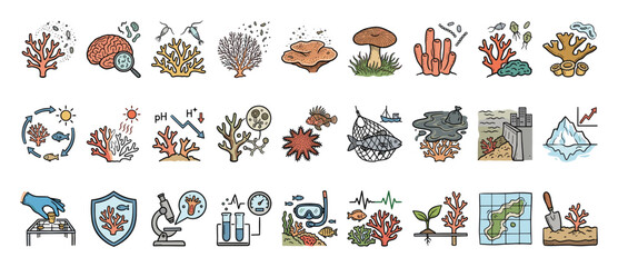 Fototapeta premium Set of coral reef biology and marine conservation icons for educational and scientific projects