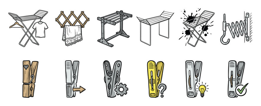 Set of laundry drying racks and clothespin types for home care and garment drying visuals.