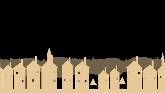 Winter village skyline scrolling with warmly lit windows and church spire, gold Christmas transparent overlay, seamless loop animation