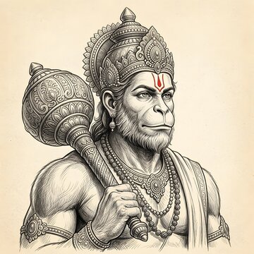 Intricate pencil sketch of Hanuman with traditional mace