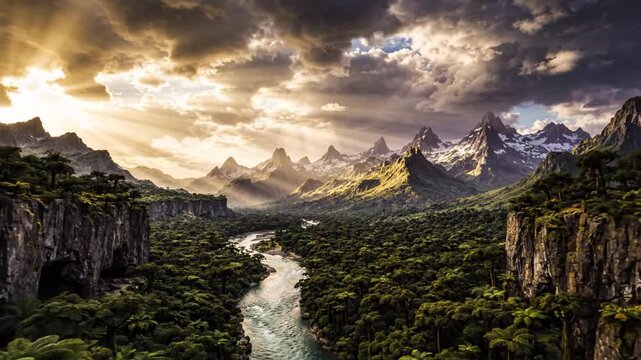 Epic Jungle Valley with River and Snow-Capped Mountains