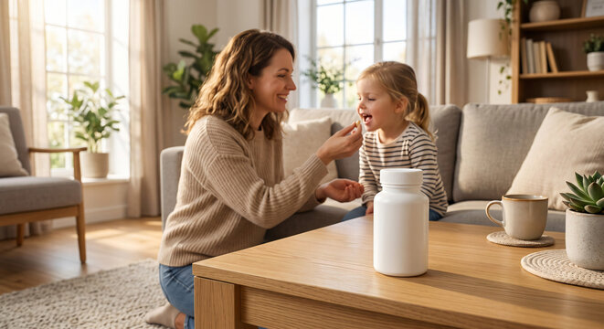 A loving mother tenderly gives her young daughter a supplement or medication, promoting child wellness and care within their cozy, sunlit modern home, fostering healthy habits