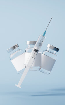 Medical syringe and injection vial with health care concept, 3d rendering.