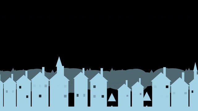 Winter village skyline scrolling with warmly lit windows and church spire, ice blue Christmas transparent overlay, seamless loop animation