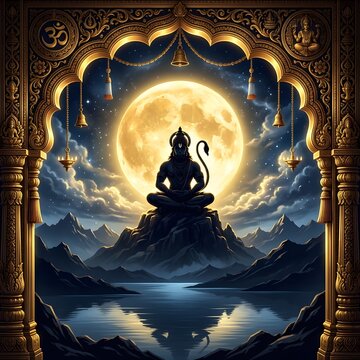 Mystical Hanuman Statue Under Full Moon in Ornate Temple Setting