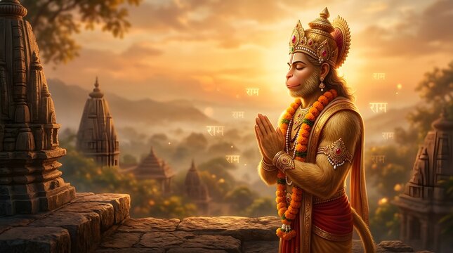 Divine Hanuman statue in serene sunset temple landscape