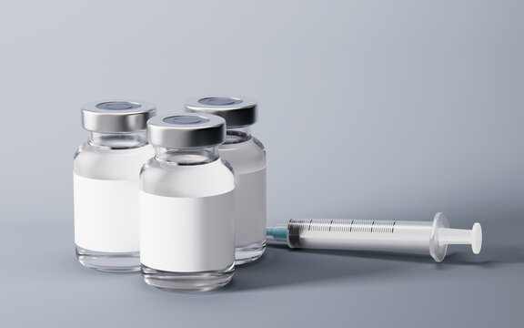 Medical syringe and injection vial with health care concept, 3d rendering.