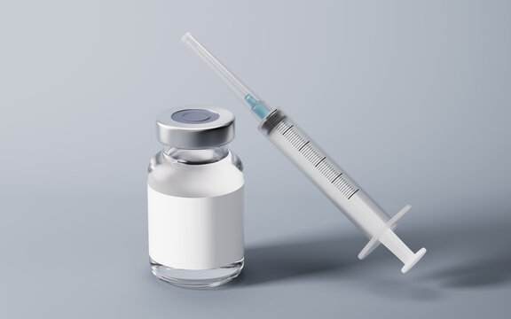 Medical syringe and injection vial with health care concept, 3d rendering.