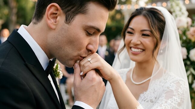 Bride and groom sharing a romantic moment at outdoor wedding ceremony