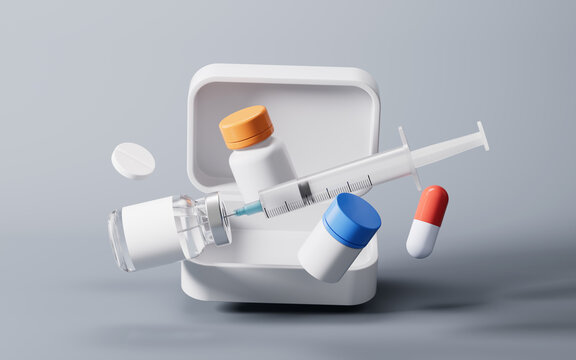 Medical syringe and injection vial with health care concept, 3d rendering.