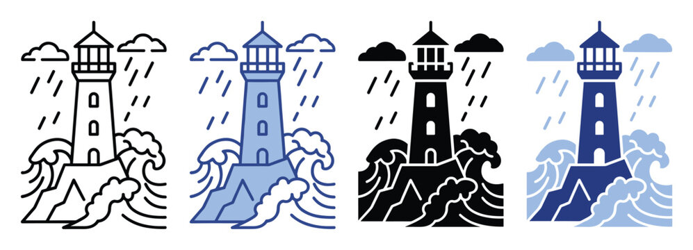 Set of lighthouse icons enduring a storm with rain and crashing waves for maritime projects