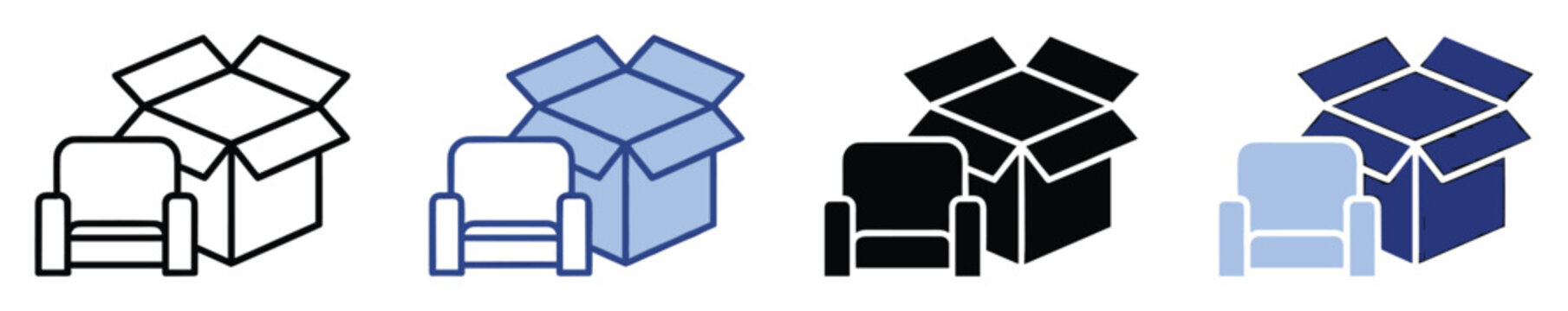 Set of chair and box icons depicting furniture delivery and home moving concepts