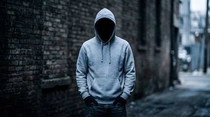 Obraz premium Mysterious figure in hoodie standing in dark urban alleyway