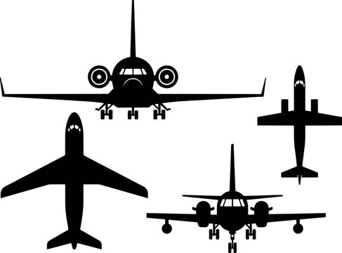 Set of airplane silhouettes featuring front and top view commercial aircraft private jet and passenger plane vectors