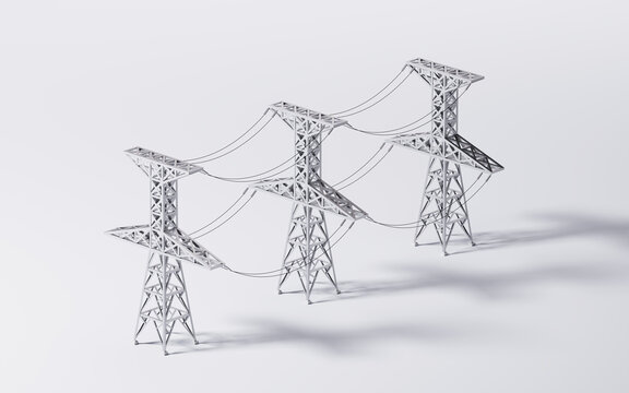 Power lines between the transmission towers, 3d rendering.