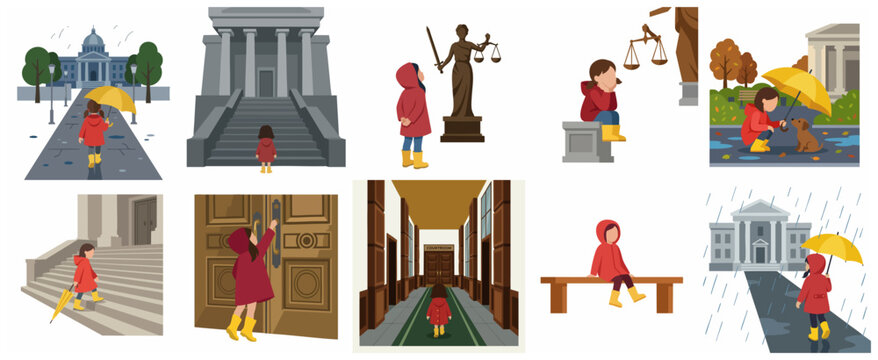 Little girl in a red raincoat and yellow boots at a courthouse, conceptual illustration of child rights, legal system, and justice
