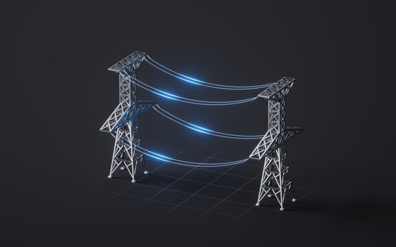 Power lines between the transmission towers, 3d rendering.