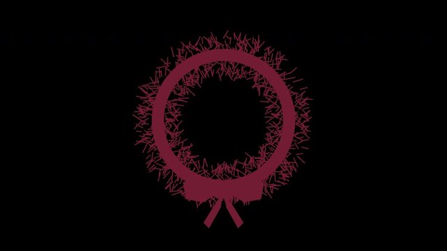 Fir Christmas wreath with ribbon bow breathing softly in the center, burgundy Christmas transparent overlay, seamless loop animation