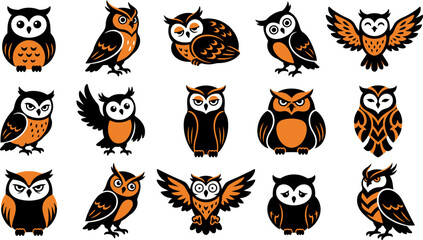 Obraz premium Set of cute cartoon owl stickers in various poses perfect for halloween decorations and festive autumn seasonal craft projects