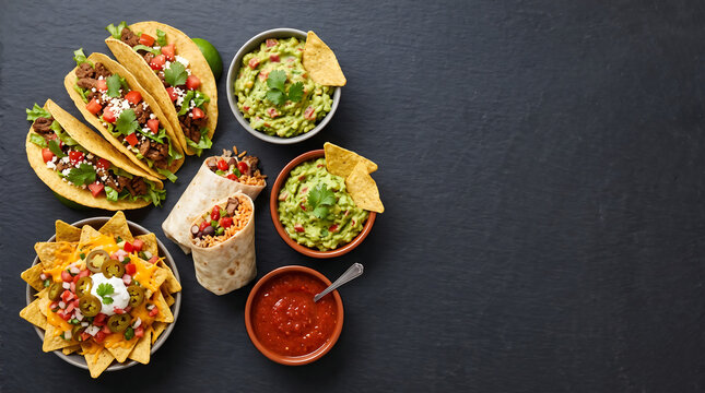 Mexican Food Assortment Overhead Photography With Dark Background