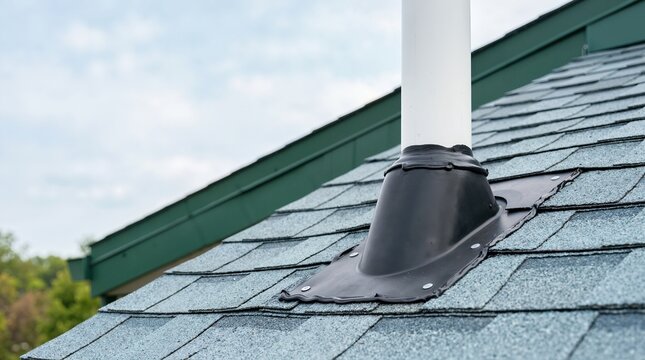 Close up of roof vent pipe with black flashing boot. Plumbing vent pipe sealed on asphalt shingles. Residential roofing maintenance and leak prevention